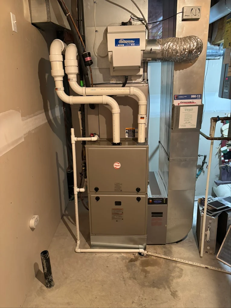 Completed high-efficiency furnace installation in an Edmonton-area mechanical room by Jackson Heating and Cooling